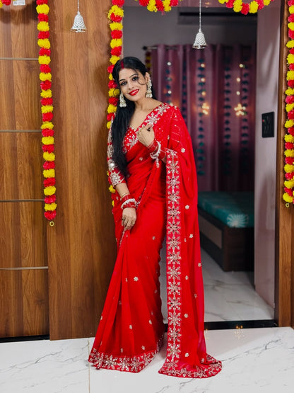 Trendy Georgette Real Mirror Work Saree