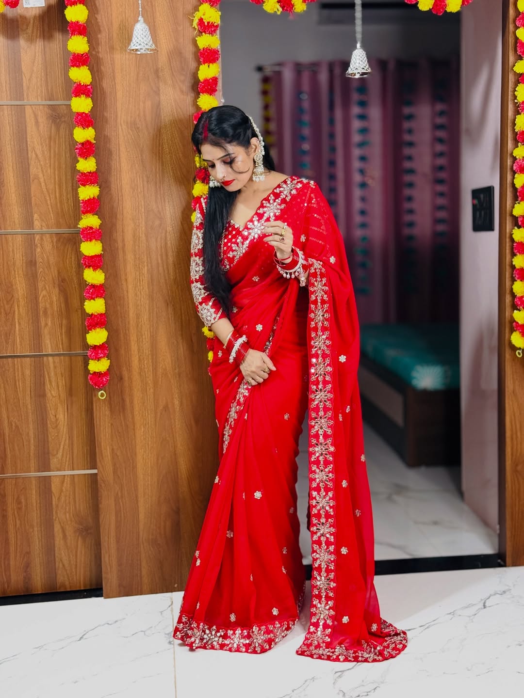 Trendy Georgette Real Mirror Work Saree