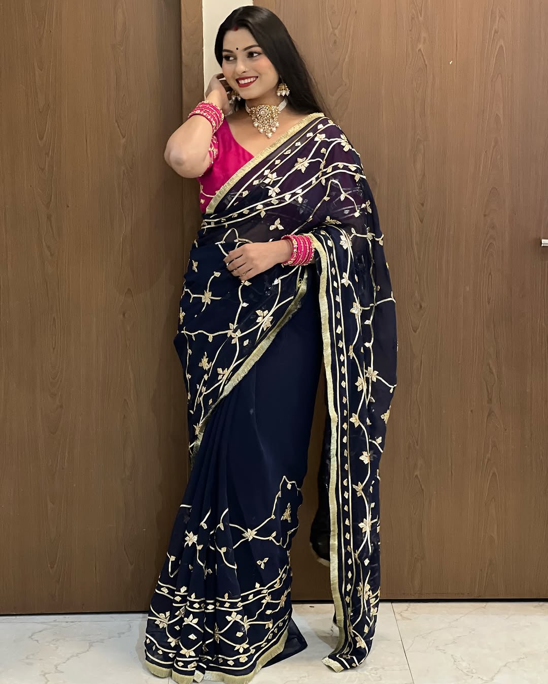 Original Hand Kachhi Gotta Work Heavy Georgette Saree with Sequins Lace Border