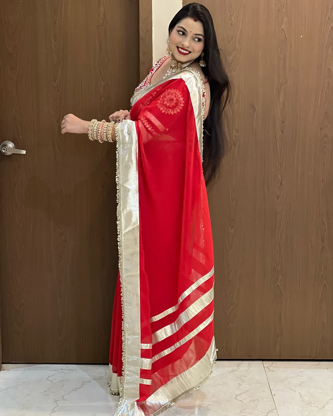 Premium Soft C*C Georgette Saree with Turra, Gota Lace & Hand Sequins Work