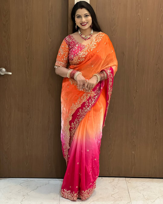 Designer Fendy Satin Saree with Heavy Embroidery Sequence Work