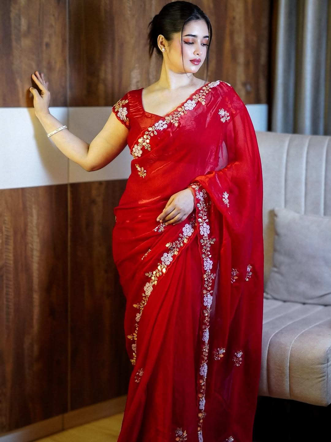Premium Fandy Satin Saree with Sequins & Brits C-Pallu Work