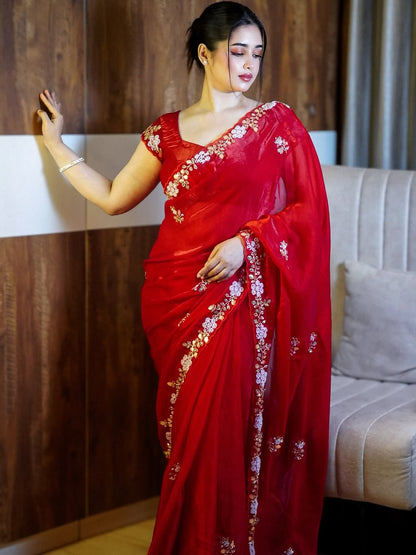 Premium Fandy Satin Saree with Sequins & Brits C-Pallu Work