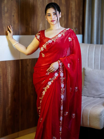 Premium Fandy Satin Saree with Sequins & Brits C-Pallu Work