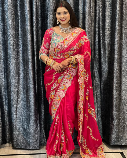 Premium Fancy Crush Silk Padded Work Saree with Beautiful Embroidery