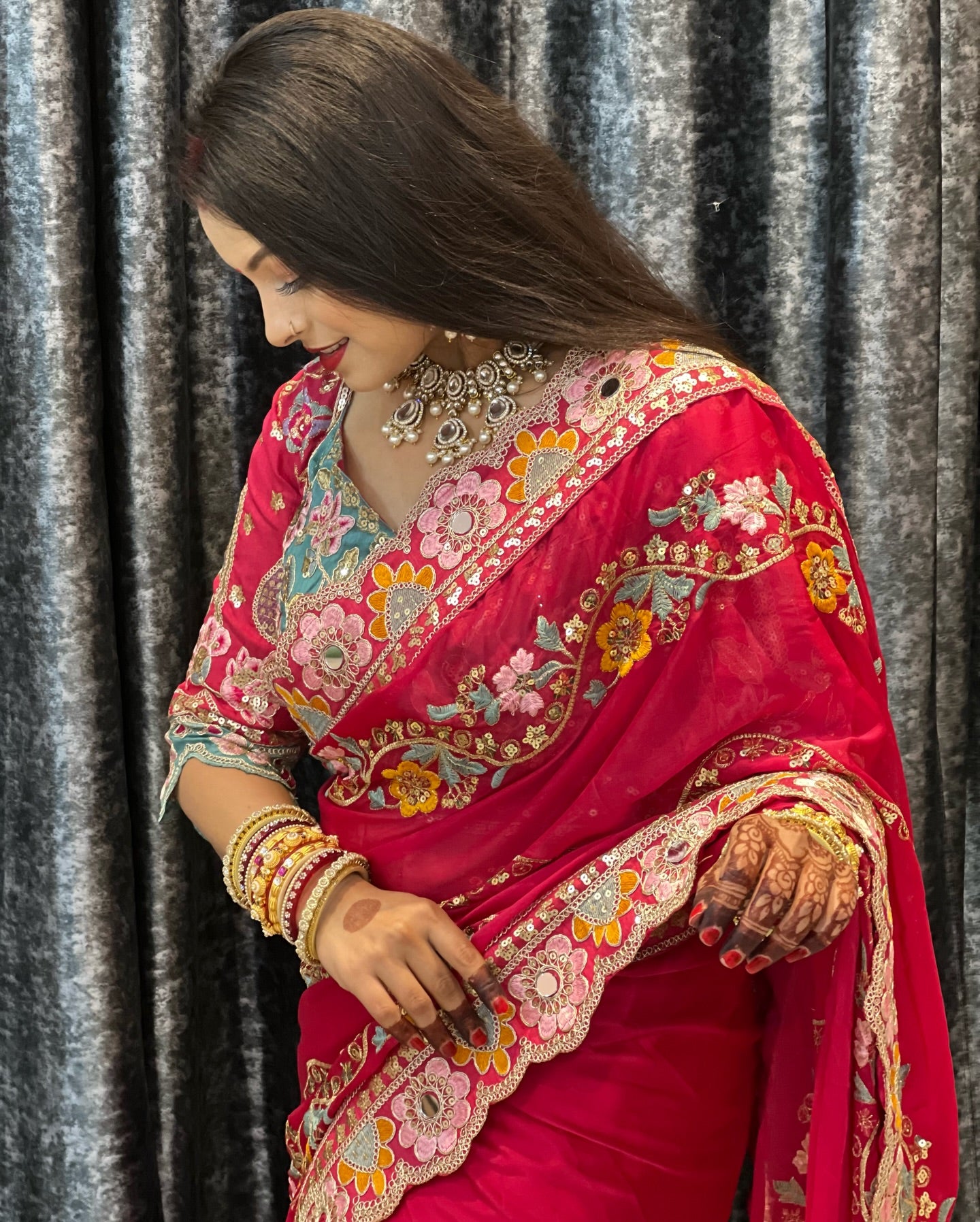 Premium Fancy Crush Silk Padded Work Saree with Beautiful Embroidery