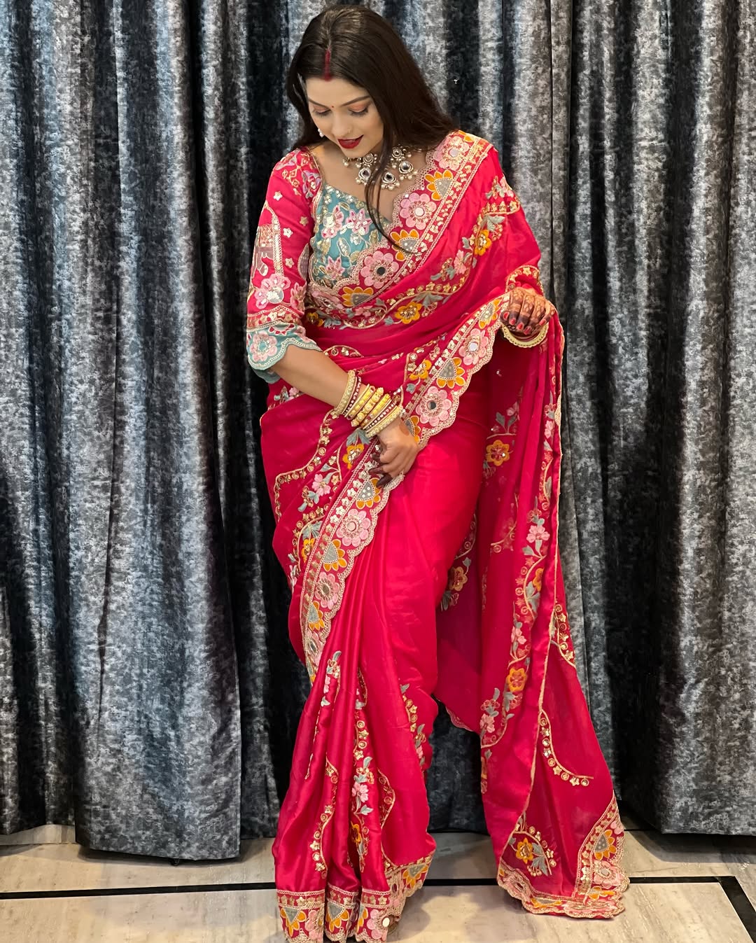 Premium Soft Rangoli Silk Saree with Sequins, Dori & Real Mirror Work