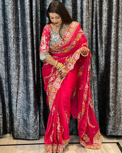 Premium Fancy Crush Silk Padded Work Saree with Beautiful Embroidery