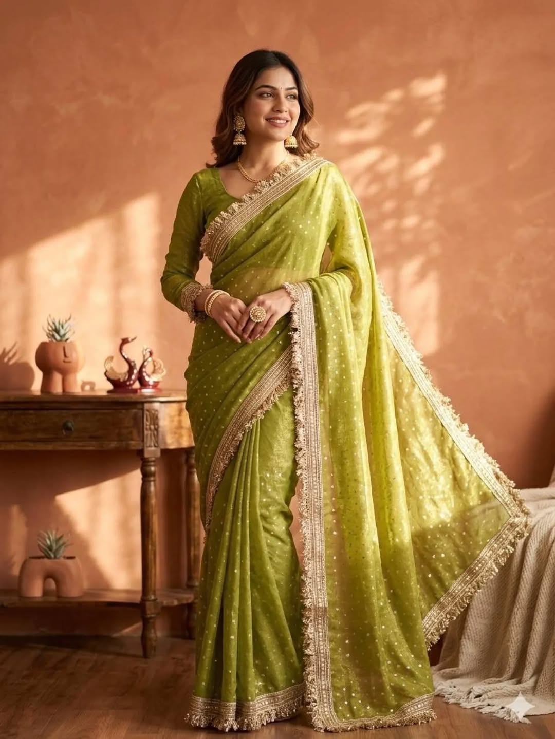 Premium NC Moss Butti Saree with Elegant Lace Border
