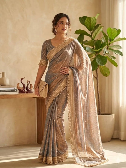 Premium NC Moss Butti Saree with Elegant Lace Border
