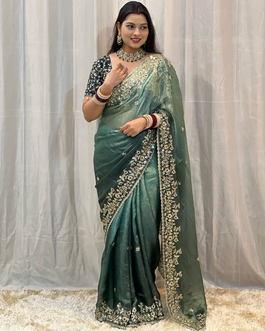 Premium Shaded Soft Frendy Chiffon Saree with Sequins Embroidery