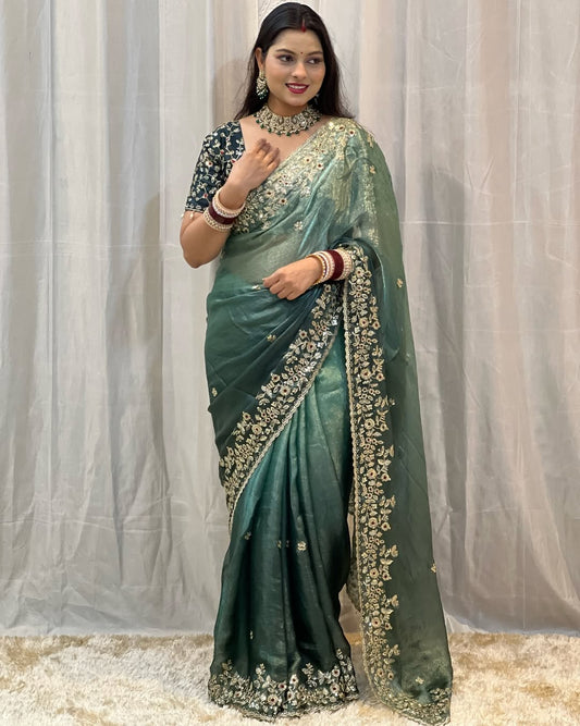 Premium Shaded Soft Frendy Chiffon Saree with Sequins Embroidery
