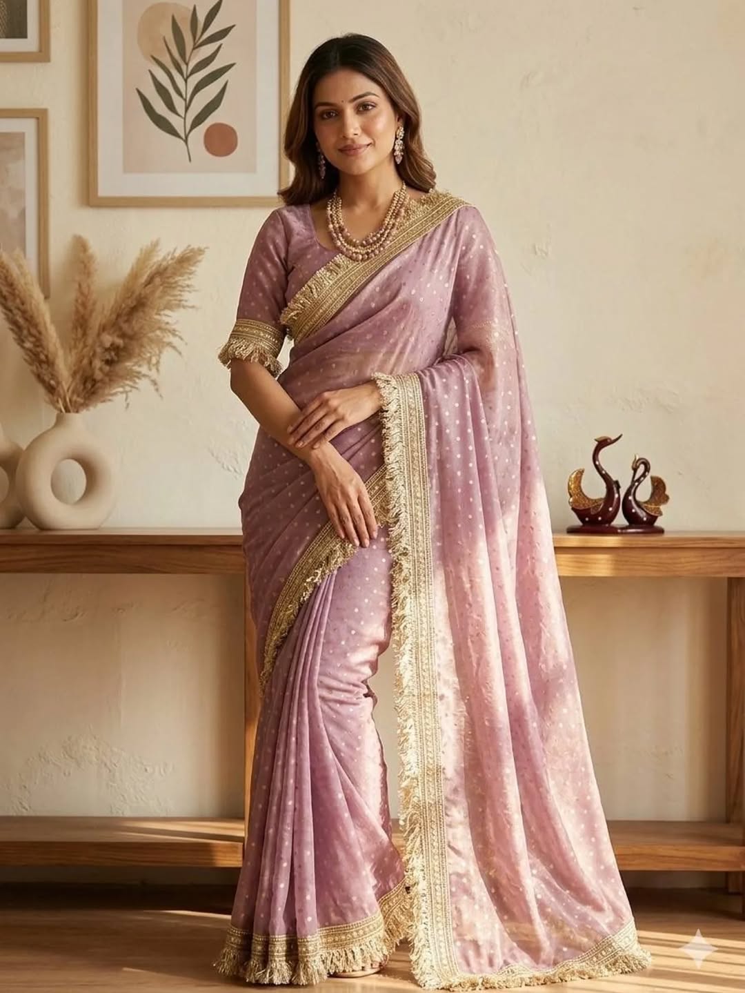 Premium NC Moss Butti Saree with Elegant Lace Border