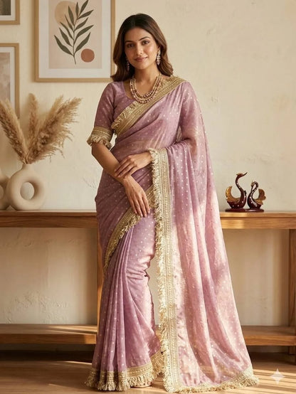 Premium NC Moss Butti Saree with Elegant Lace Border