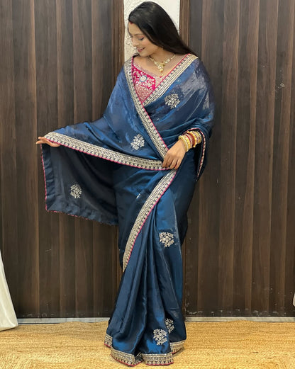 Premium Soft Frendy Satin Saree with Sequins & Zari Embroidery