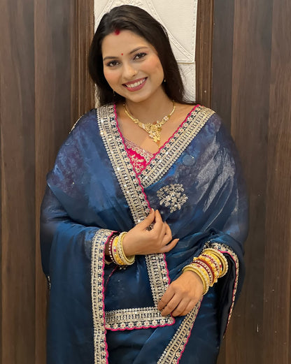 Premium Soft Frendy Satin Saree with Sequins & Zari Embroidery