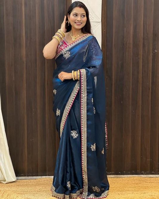 Premium Soft Frendy Satin Saree with Sequins & Zari Embroidery