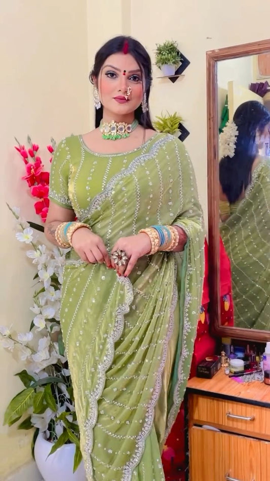 Premium Soft Space Silk Saree with Beads & Sequins Embroidery