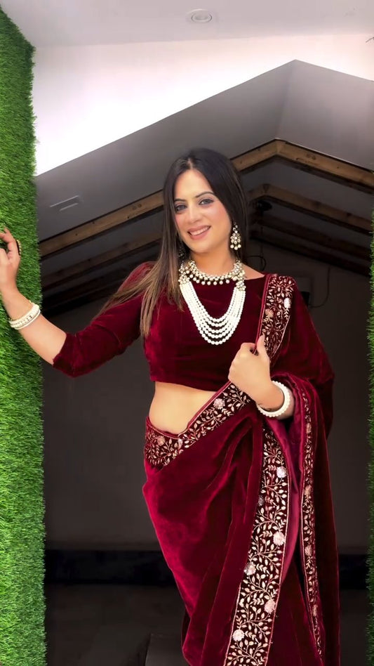 Premium Heavy 9000 Velvet Saree with Zari & Sequence Embroidery