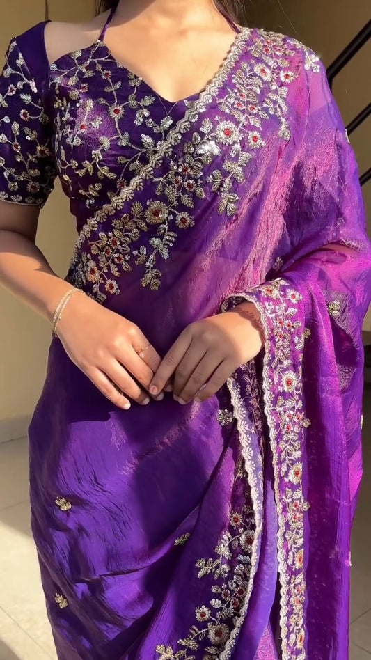 Premium Fendy Chiffon Two-Tone Saree with Coding Sequence Embroidery