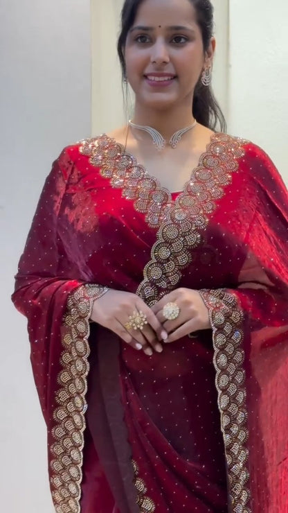 Premium Space Silk Padding Saree with Original Jarkan Diamond Work