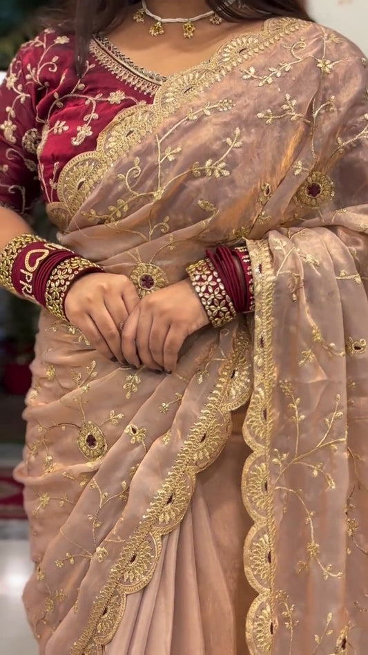 Premium Fendy Satin Silk Embroidered Saree with Designer Blouse