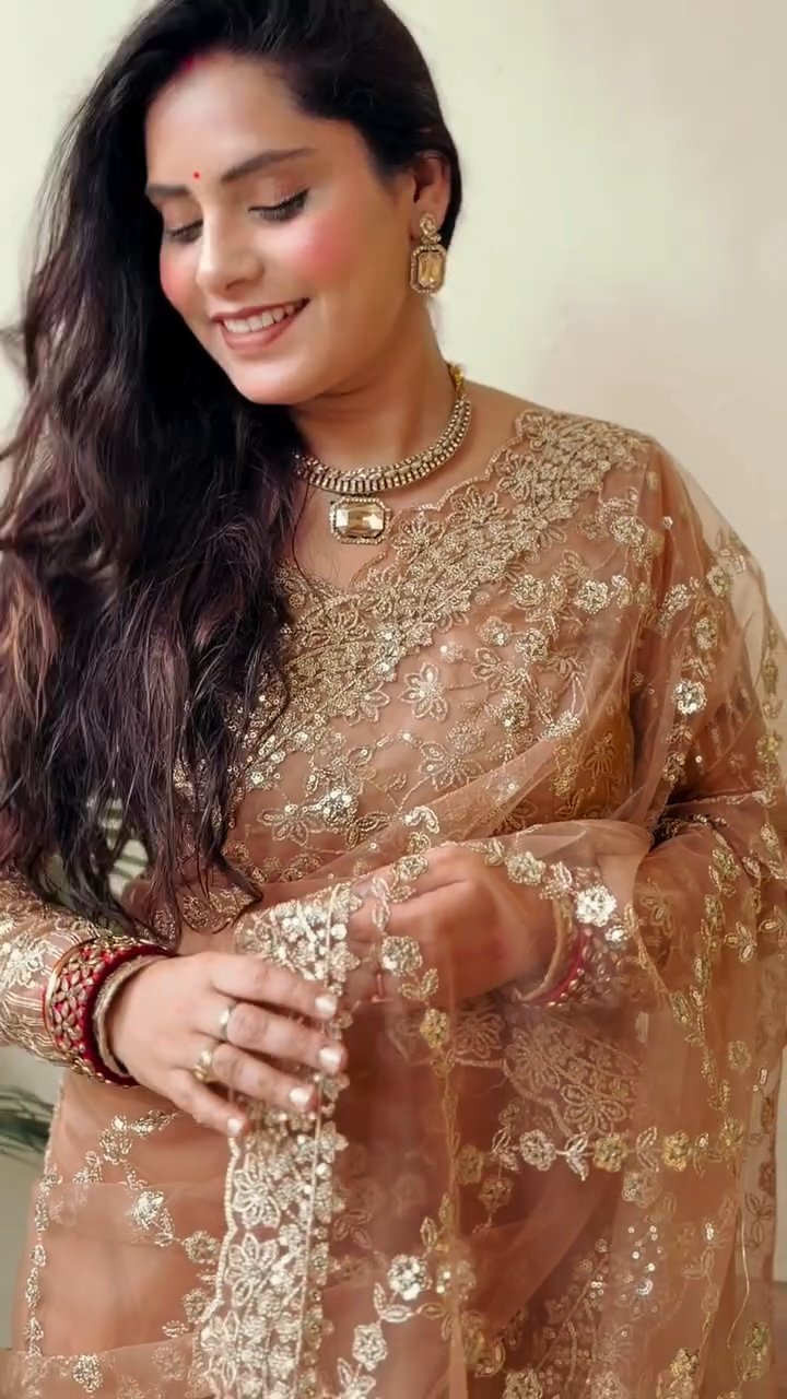 Premium Soft Net Saree with Sequins & Zari Embroidery