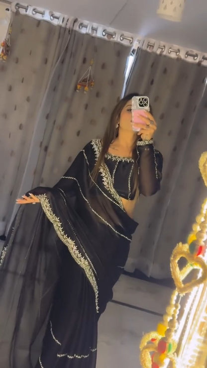 Fendy Chiffon saree with Jar khan Dimond Work