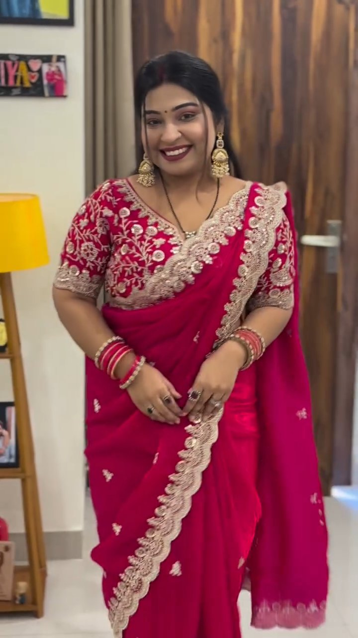 Premium Heavy Fox Blooming Saree With Exquisite Sequins & Cording Embroidery work