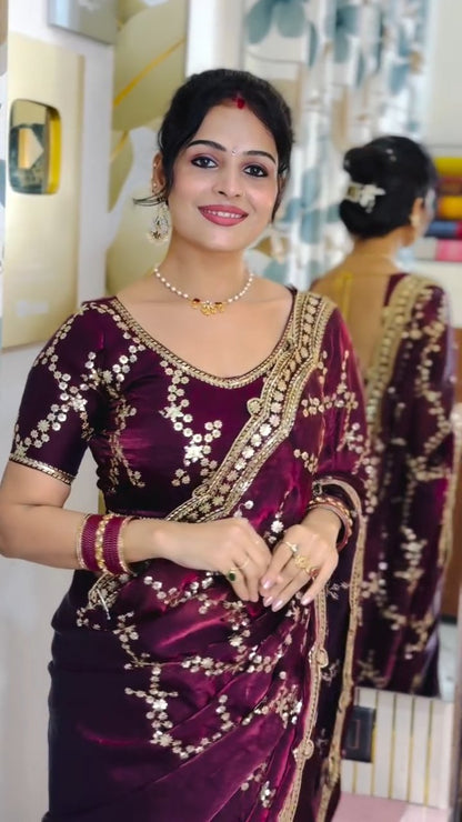 Premium Soft Space Silk Saree with Sequins Embroidery Work