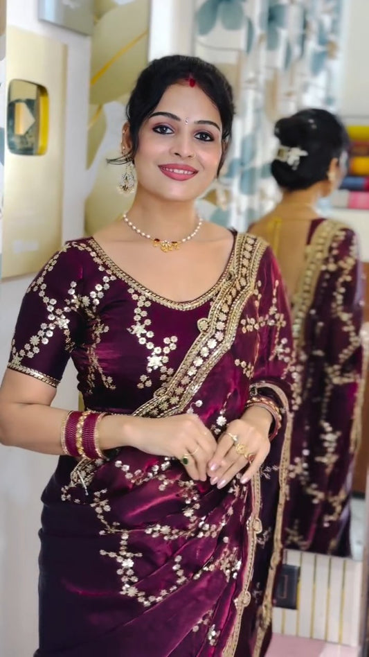 Premium Soft Space Silk Saree with Sequins Embroidery Work