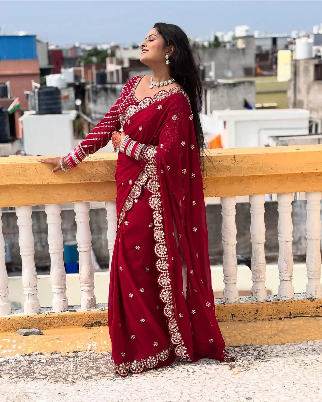 Premium Faux Georgette Saree with Original Mirror Work & Coding Lace Border