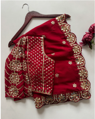 Blossom Party Wear Maroon Colour Faux Georgette Sequence Heavy Border n Real Mirror Work Fancy Designer Saree With Unstitched Blouse
