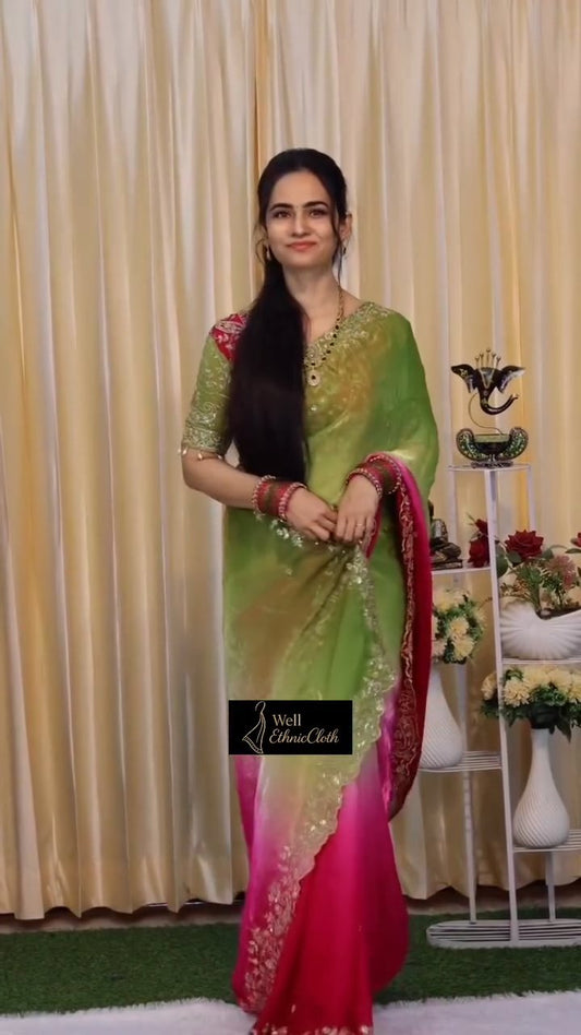 Premium Fendy Satin Paiding Saree with C-Pallu Multi Sequins Embroidery