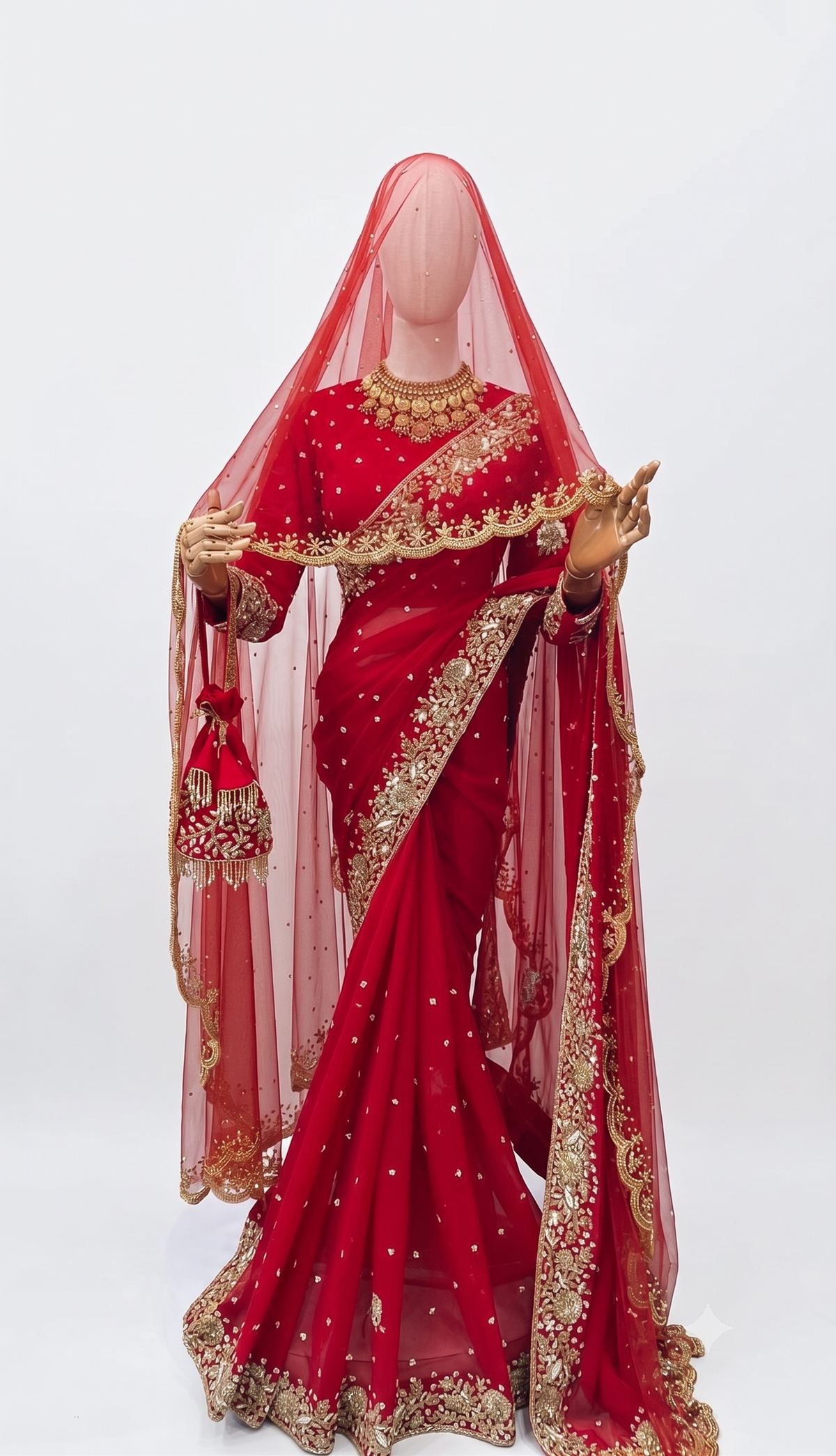 Crimson Red Soft Rangoli Silk Saree with Heavy Sequins Work & Net Veil