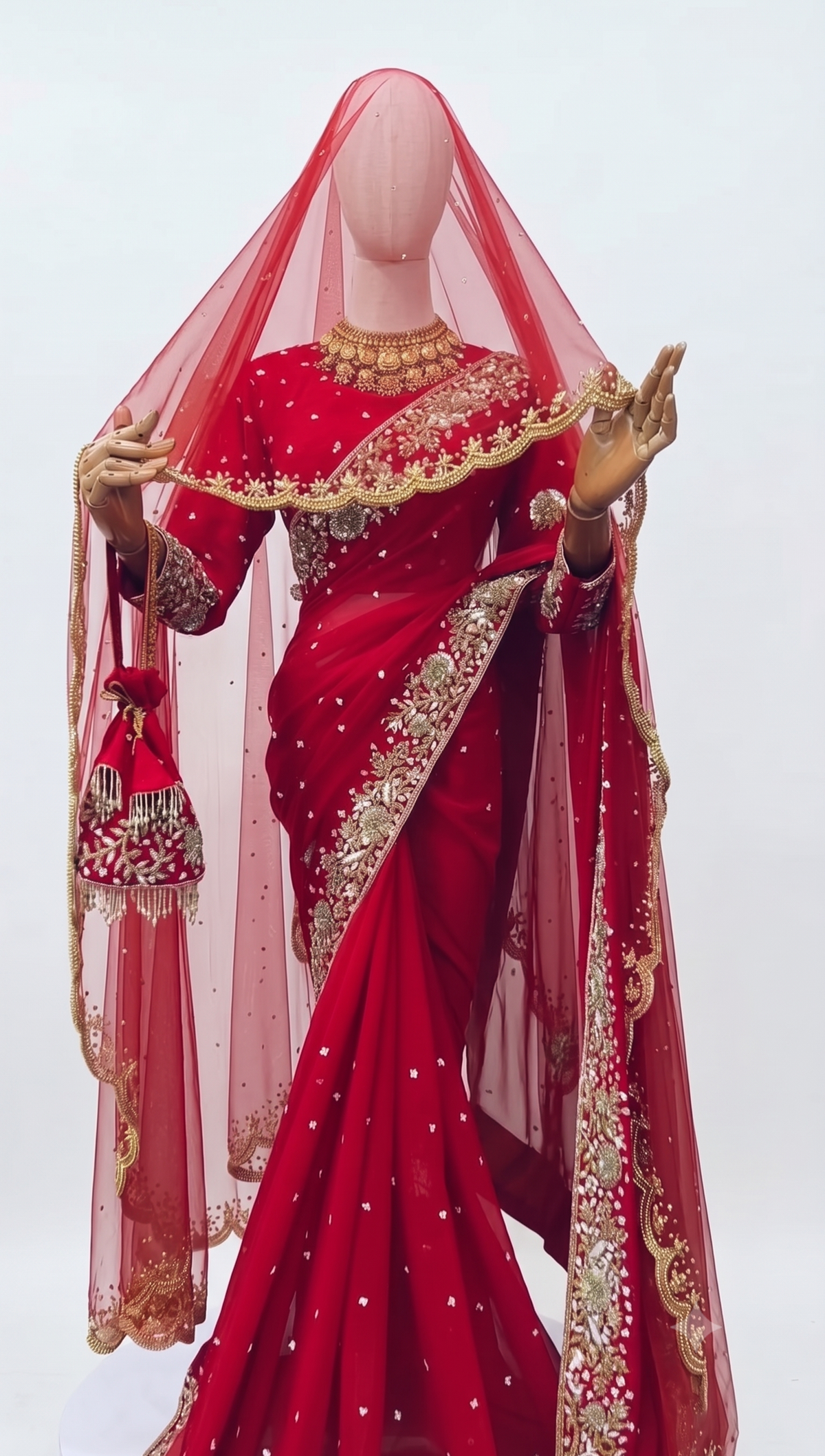 Crimson Red Soft Rangoli Silk Saree with Heavy Sequins Work & Net Veil