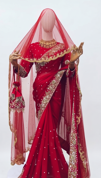 Crimson Red Soft Rangoli Silk Saree with Heavy Sequins Work & Net Veil