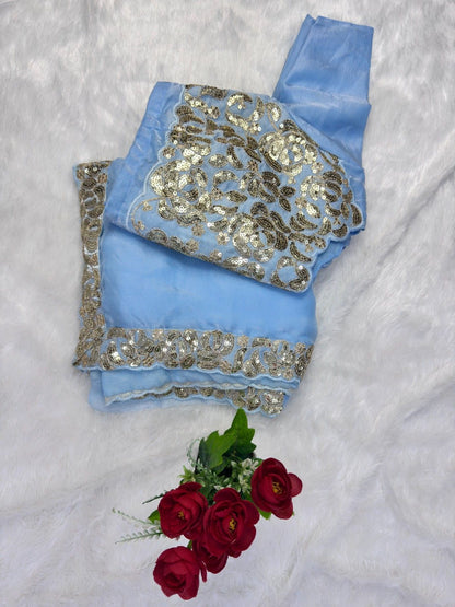 Premium Satin Chiffon Saree with 3mm Sequins Lace Work