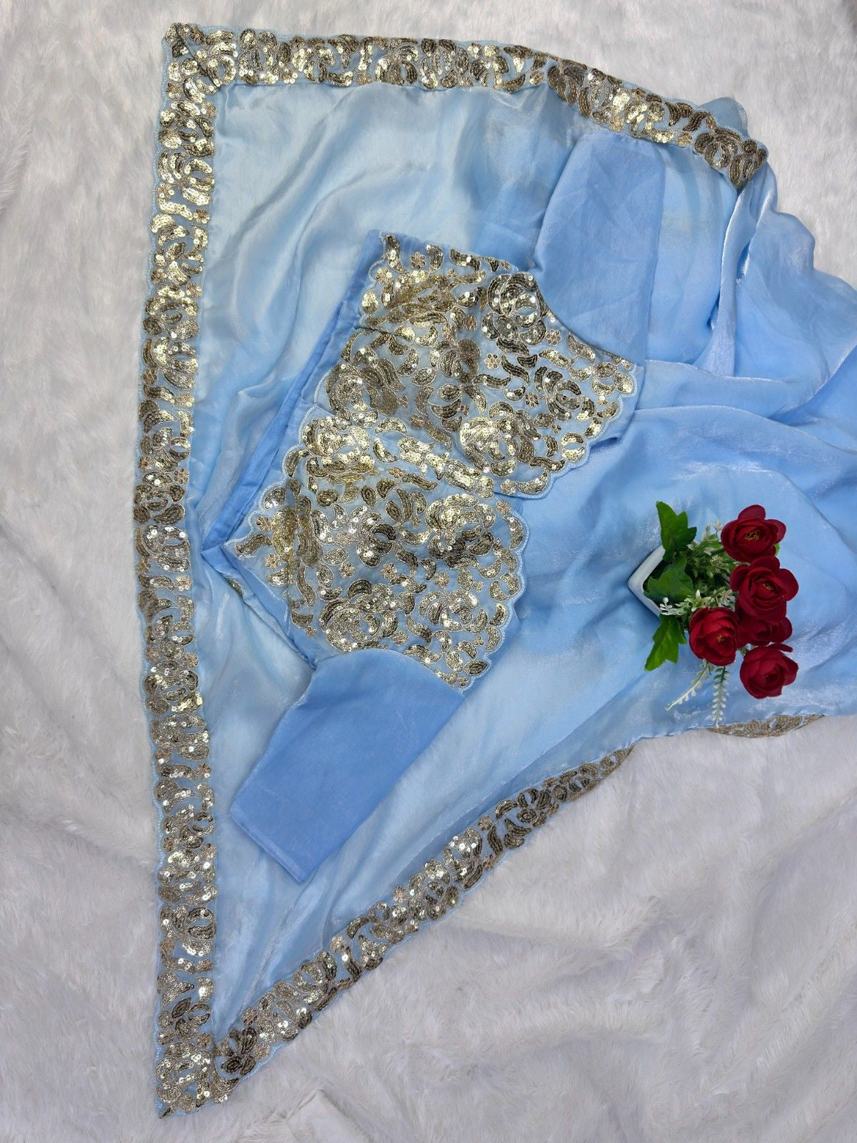 Premium Satin Chiffon Saree with 3mm Sequins Lace Work