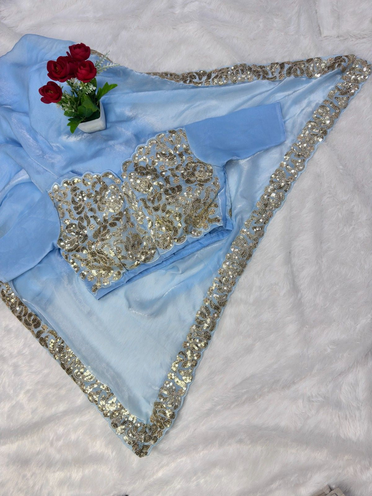 Premium Satin Chiffon Saree with 3mm Sequins Lace Work
