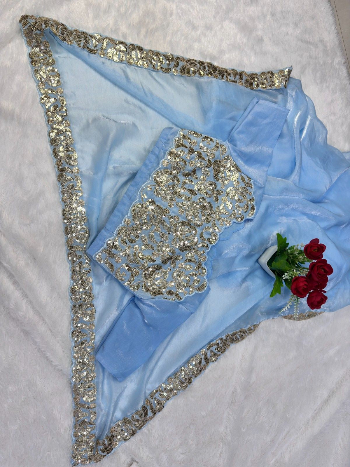 Premium Satin Chiffon Saree with 3mm Sequins Lace Work