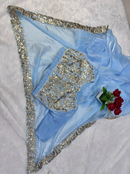 Premium Satin Chiffon Saree with 3mm Sequins Lace Work