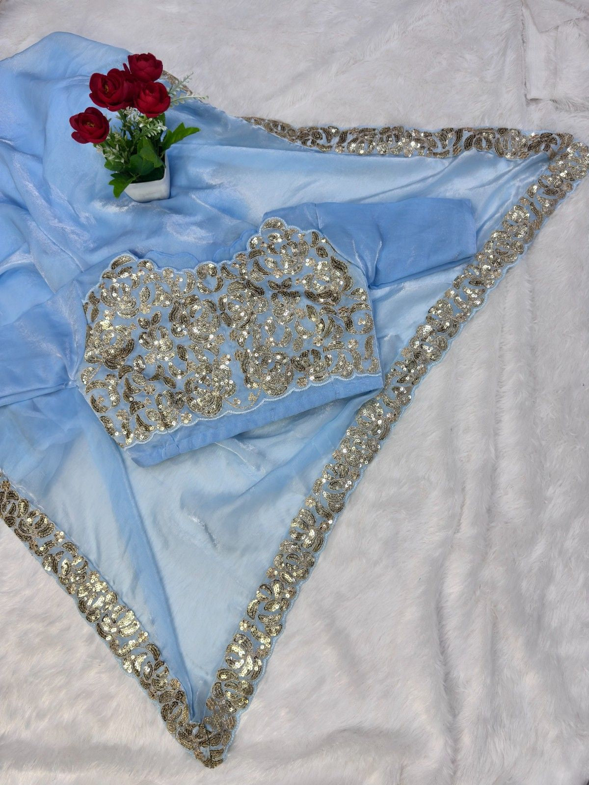 Premium Satin Chiffon Saree with 3mm Sequins Lace Work
