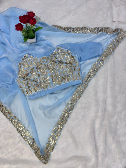 Premium Satin Chiffon Saree with 3mm Sequins Lace Work