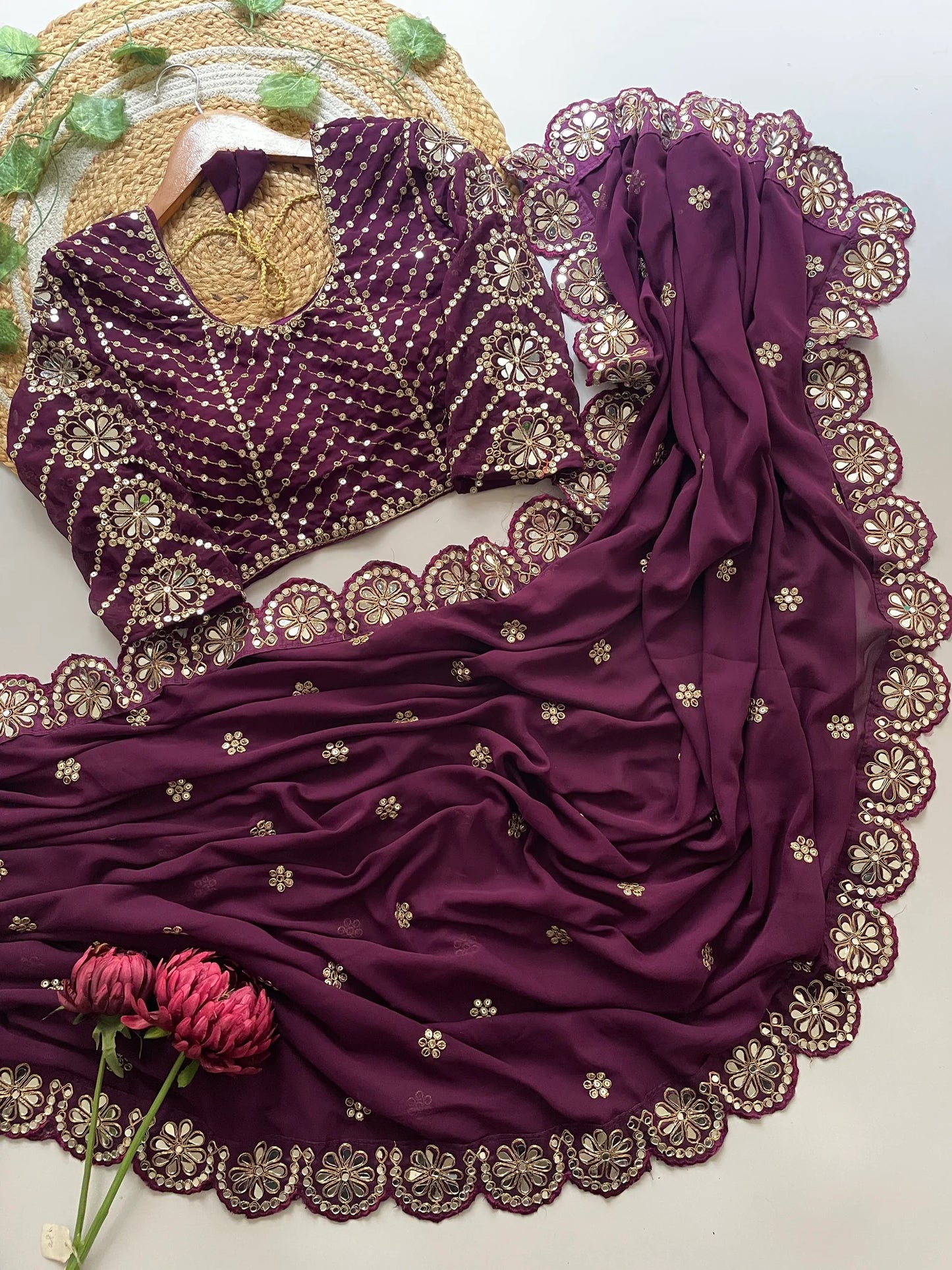 Blossom Party Wear Wine Colour Faux Georgette Sequence Heavy Border n Real Mirror Work Fancy Designer Saree With stitched Blouse