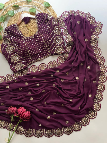 Blossom Party Wear Wine Colour Faux Georgette Sequence Heavy Border n Real Mirror Work Fancy Designer Saree With stitched Blouse