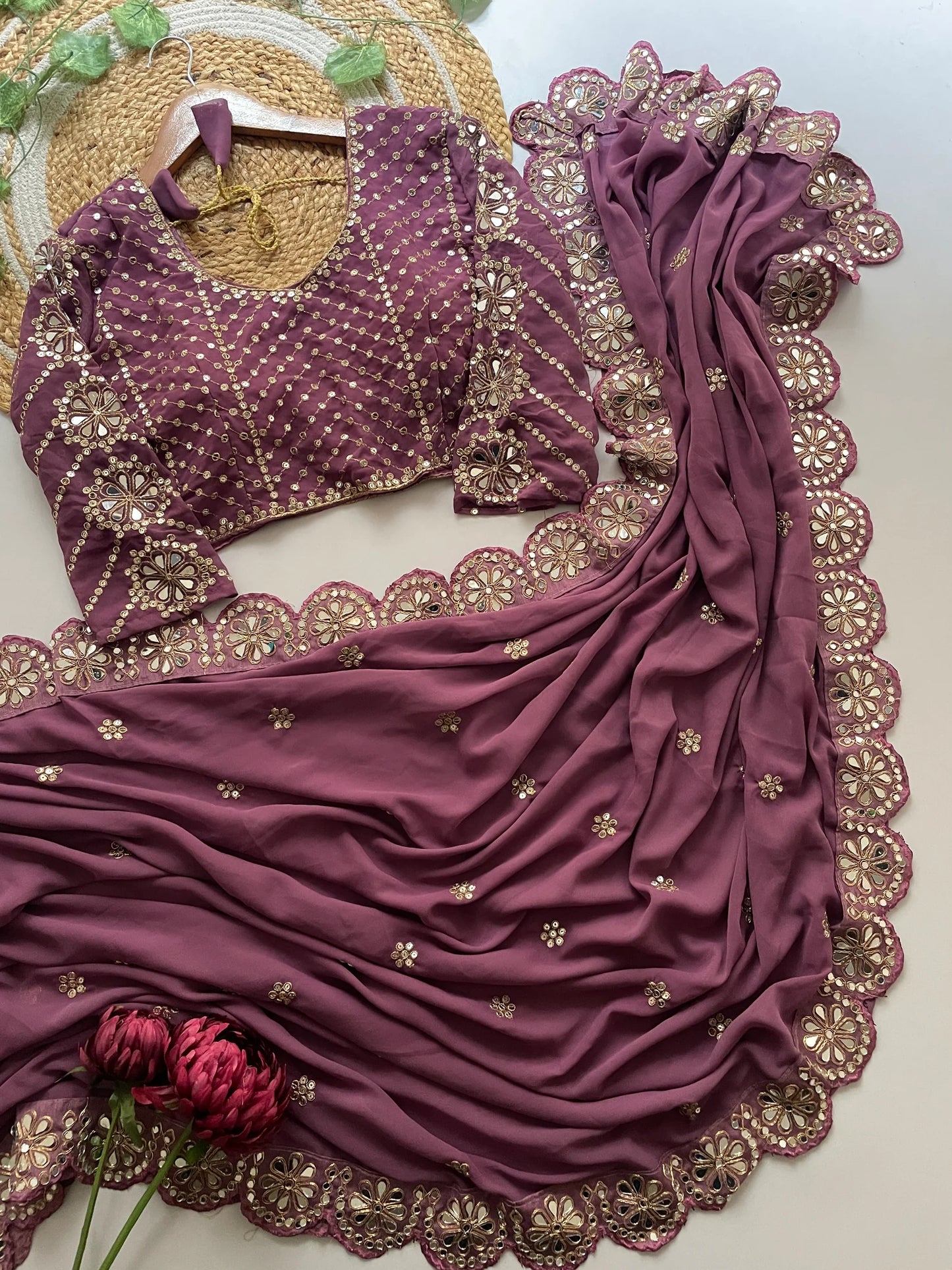 Blossom Party Wear Onion Colour Faux Georgette Sequence Heavy Border n Real Mirror Work Fancy Designer Saree With stitched Blouse