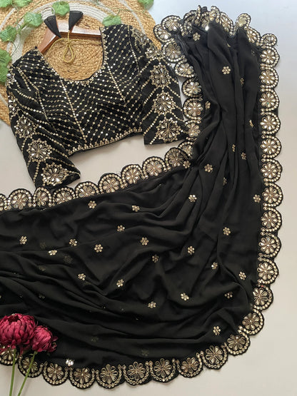 Blossom Party Wear Black Colour Faux Georgette Sequence Heavy Border n Real Mirror Work Fancy Designer Saree With stitched Blouse