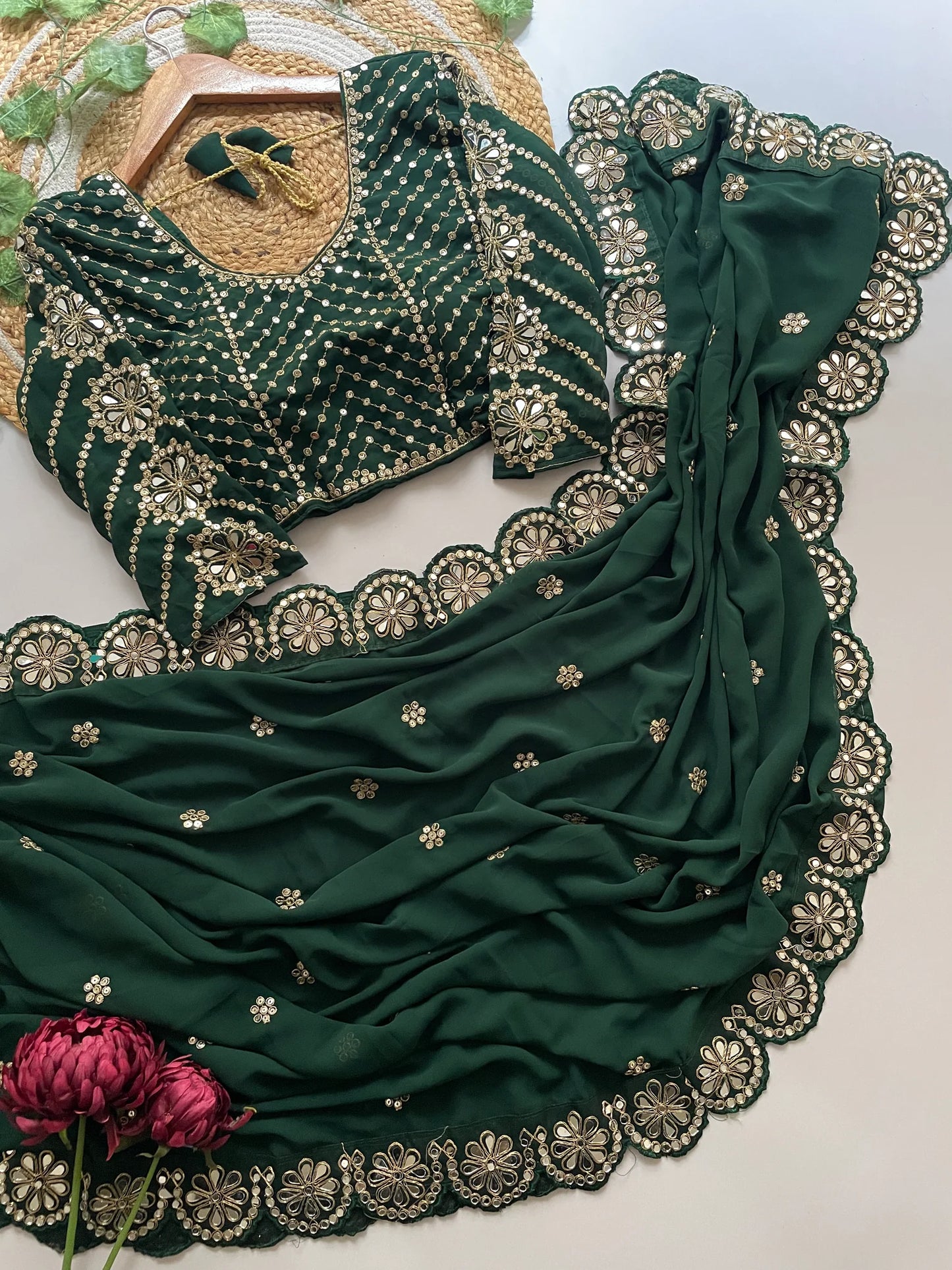 Blossom Party Wear Green Colour Faux Georgette Sequence Heavy Border n Real Mirror Work Fancy Designer Saree With stitched Blouse