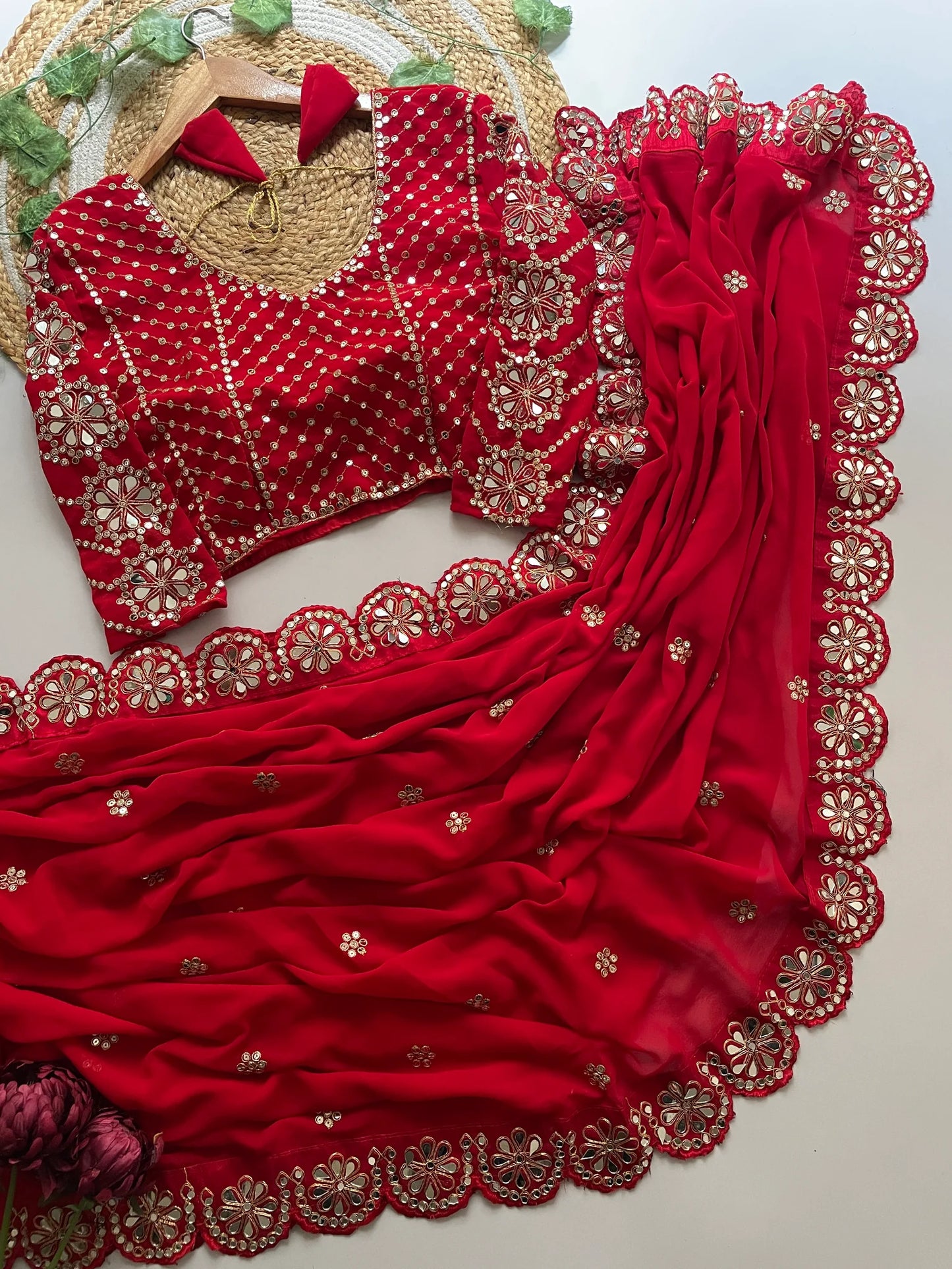 Blossom Party Wear Red Colour Faux Georgette Sequence Heavy Border n Real Mirror Work Fancy Designer Saree With stitched Blouse